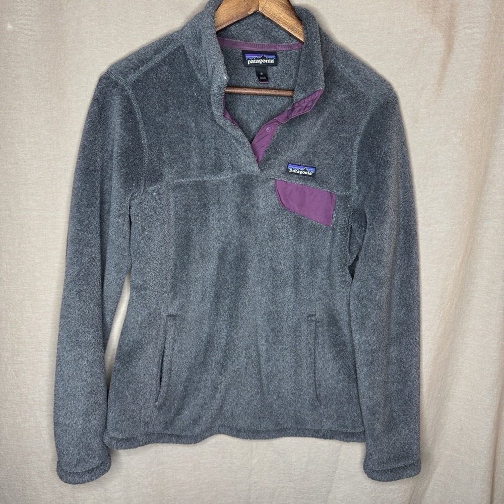 PATAGONIA Retool Snap-T Pullover Fleece Jacket Light Gray Purple Pouch Pocket M